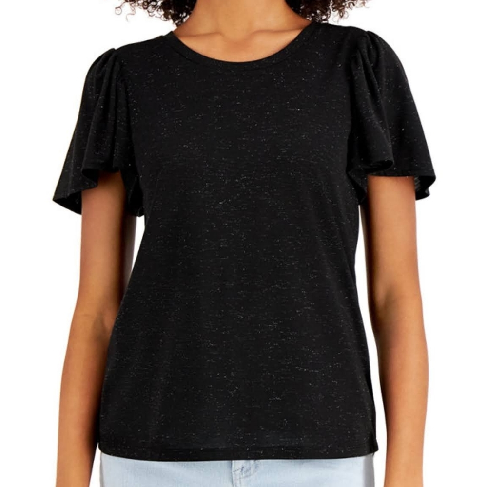 Dressy Black flutter sleeve metallic top, NEW